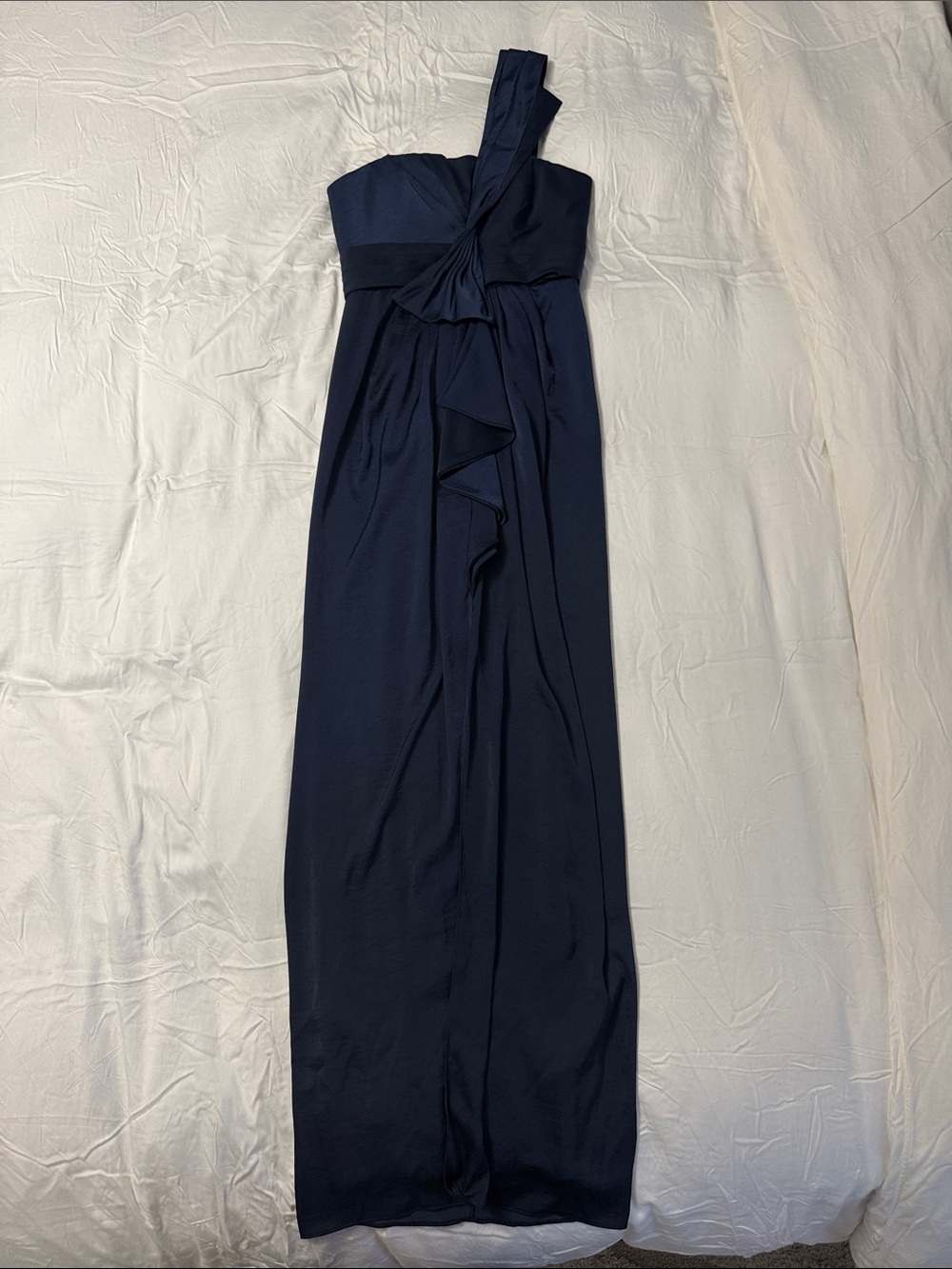 BCBGMaxAzria One-Shoulder Navy Evening Gown with Draped Front